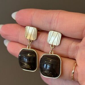 Gold-Tone Drop Earrings with Black Stone Squares